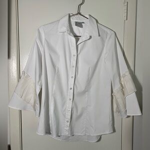 Finley white ruffle arm button down shirt. S